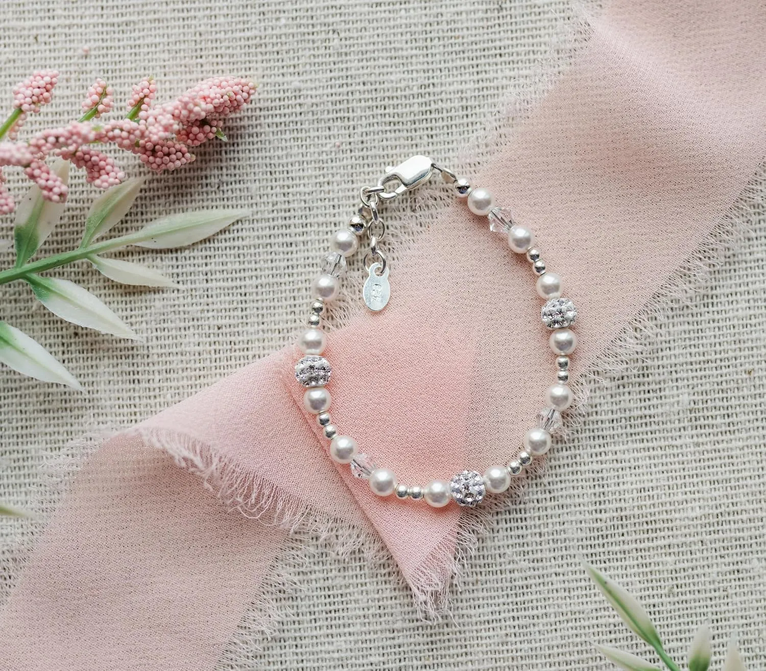 Cherished Moments Sterling Silver Bracelet for Babies, Toddlers and Little Girls with High-End Simulated Pearl, Crystal and Sparkling Stardust Beads