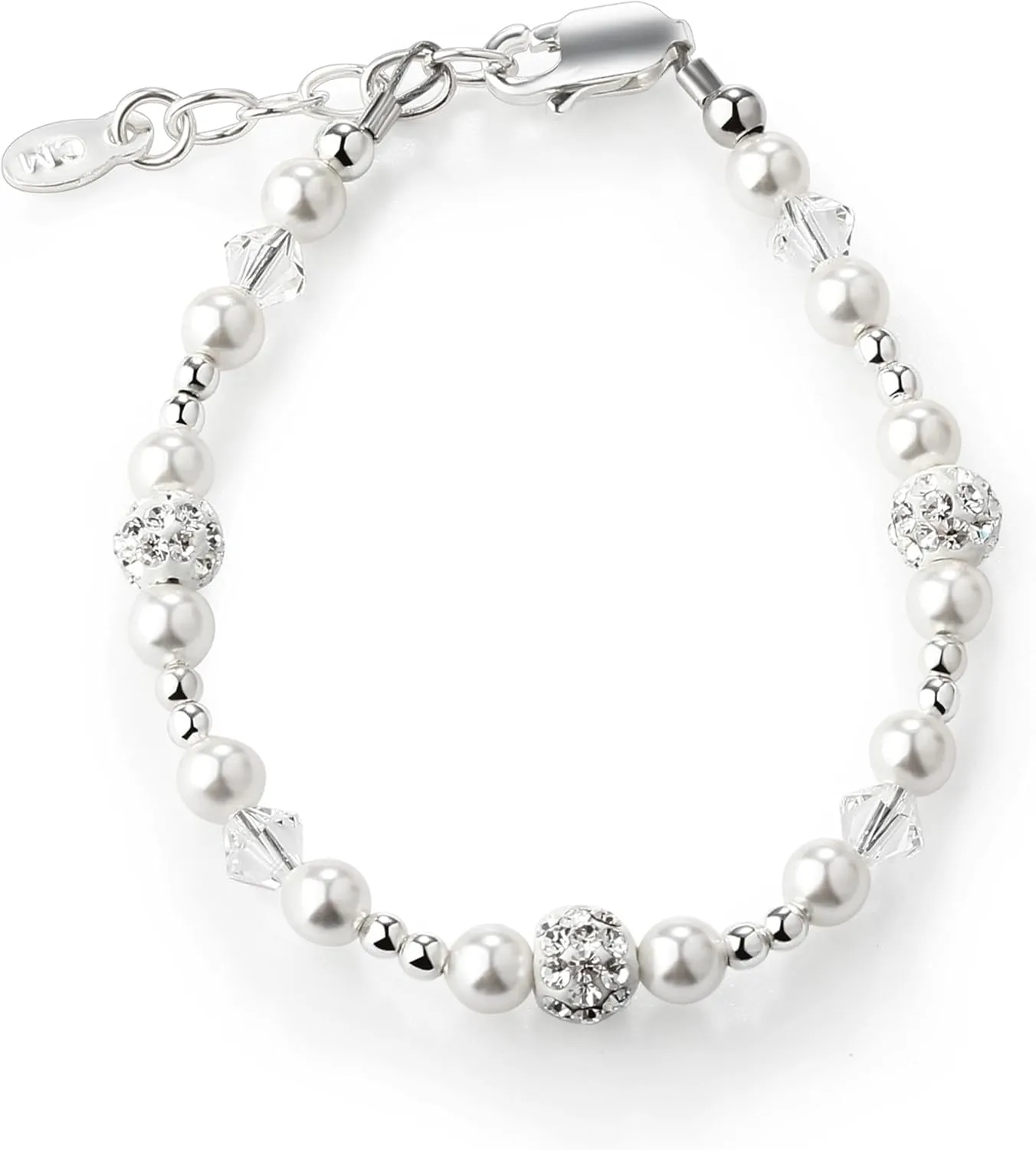 Cherished Moments Sterling Silver Bracelet for Babies, Toddlers and Little Girls with High-End Simulated Pearl, Crystal and Sparkling Stardust Beads