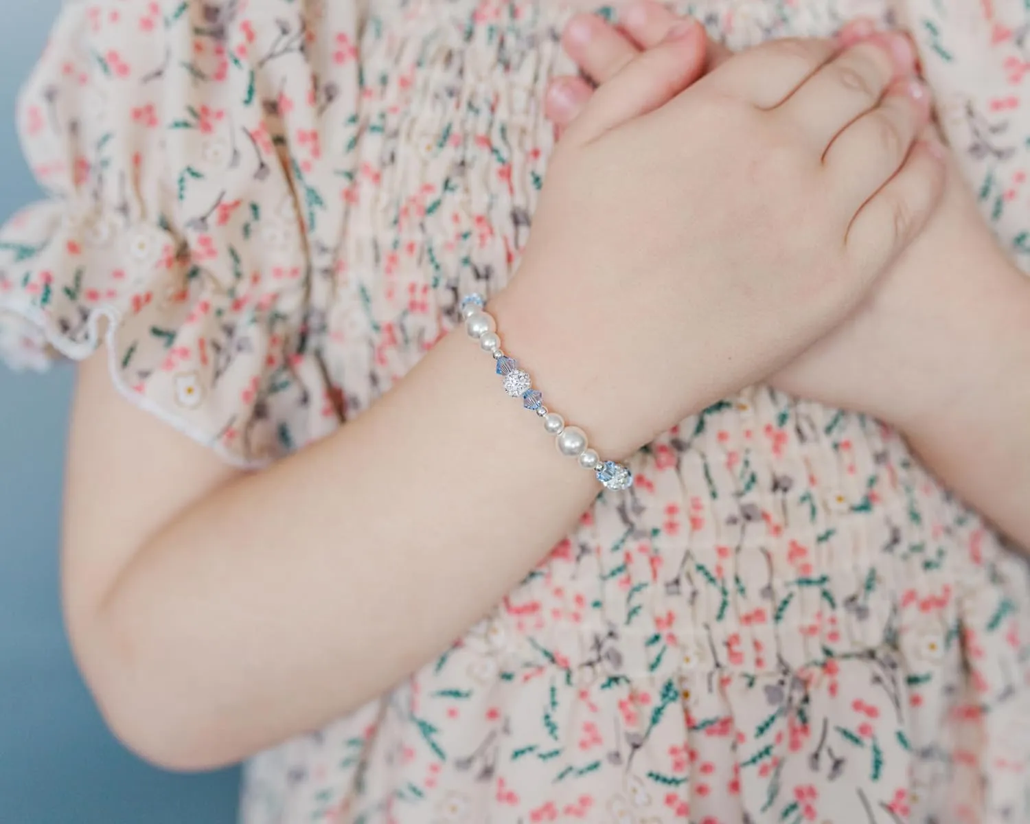Cherished Moments Sterling Silver Bracelet for Girls with High-End Simulated Pearls and Blue Crystals, Gift for Birthday or Granddaughter