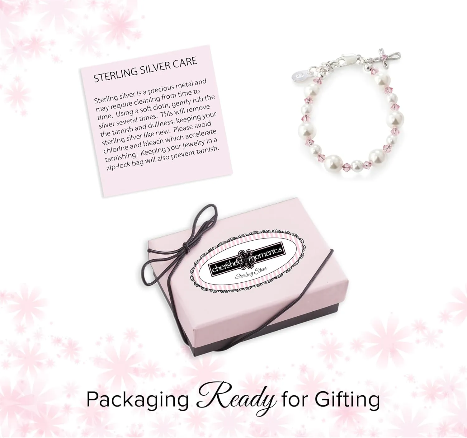 Cherished Moments Sterling Silver Bracelet for Girls with High-End Simulated Pearls and Crystals and Cross Charm First Communion Gift