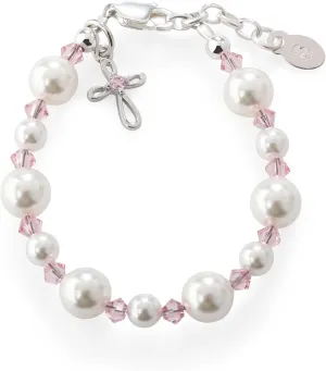 Cherished Moments Sterling Silver Bracelet for Girls with High-End Simulated Pearls and Crystals and Cross Charm First Communion Gift