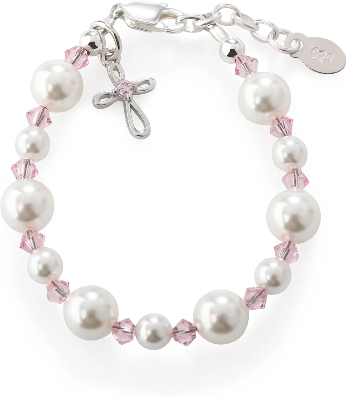 Cherished Moments Sterling Silver Bracelet for Girls with High-End Simulated Pearls and Crystals and Cross Charm First Communion Gift