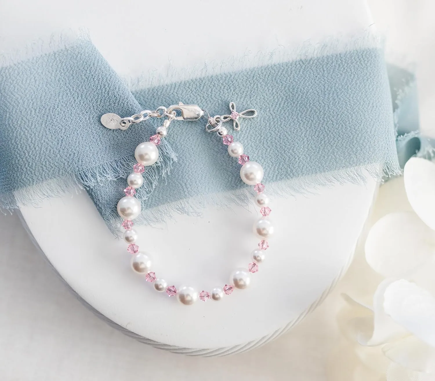 Cherished Moments Sterling Silver Bracelet for Girls with High-End Simulated Pearls and Crystals and Cross Charm First Communion Gift