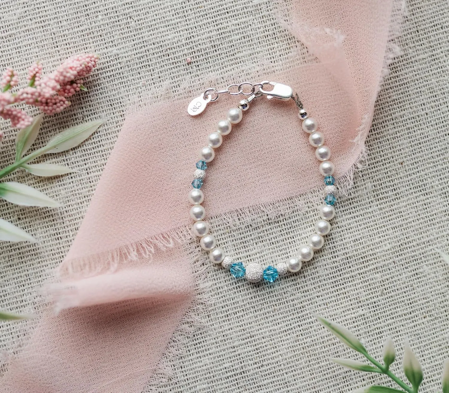 Cherished Moments Sterling Silver Bracelet for Newborn Baby Girls, Toddlers, Kids and Little Girls with High-End Simulated Pearls and Aqua Blue Crystals