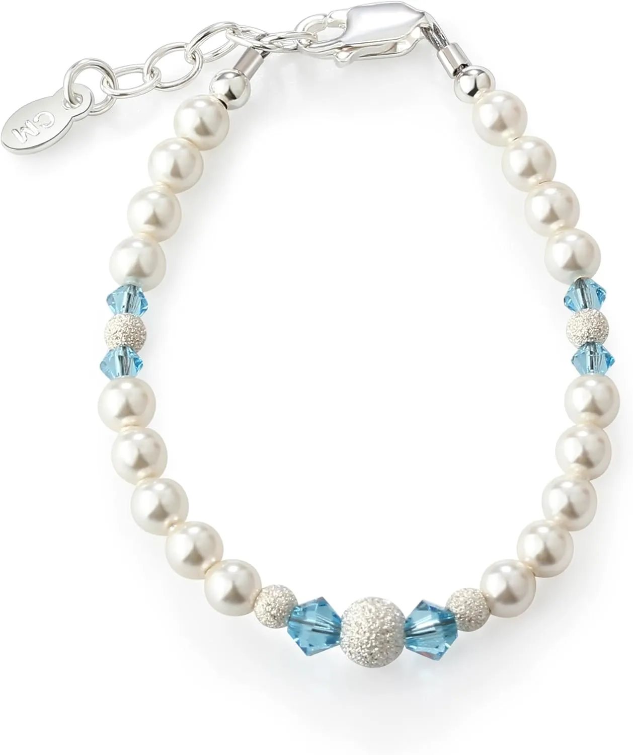 Cherished Moments Sterling Silver Bracelet for Newborn Baby Girls, Toddlers, Kids and Little Girls with High-End Simulated Pearls and Aqua Blue Crystals
