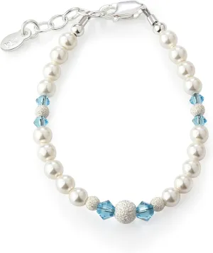 Cherished Moments Sterling Silver Bracelet for Newborn Baby Girls, Toddlers, Kids and Little Girls with High-End Simulated Pearls and Aqua Blue Crystals