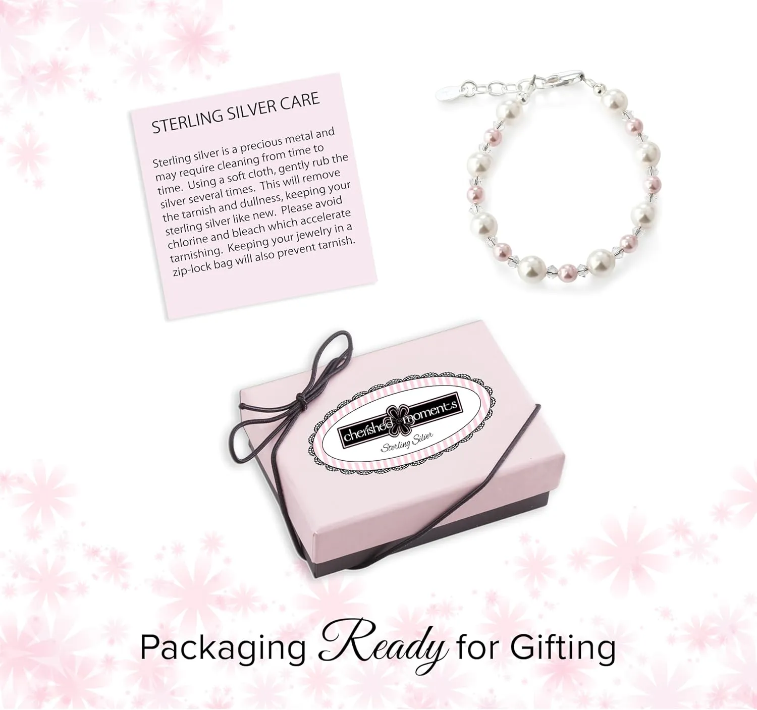 Cherished Moments Sterling Silver Children's Bracelet with High-End Simulated Pink and White Pearls for Babies and Little Girls