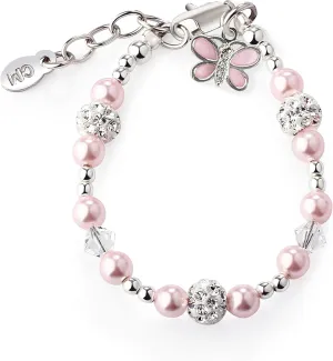 Cherished Moments Sterling Silver Pink Butterfly Charm Bracelet for Babies, Toddlers or Little Girls. High-End Simulated Pink Pearls, Crystals and Stardust Beads, Gift for Birthday or Granddaughter