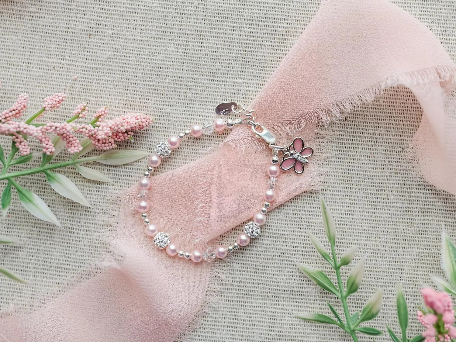 Cherished Moments Sterling Silver Pink Butterfly Charm Bracelet for Babies, Toddlers or Little Girls. High-End Simulated Pink Pearls, Crystals and Stardust Beads, Gift for Birthday or Granddaughter