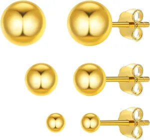 ChicSilver Women Gold Stud Earrings 18K Gold Plated Sterling Silver Simple Polished Ball Tiny Stud Earrings for Women Men Pack of 3 (3,5,7mm)