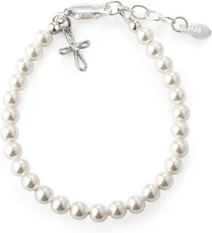 Children's 14K Gold Plated or Sterling Silver Cross Bracelet with Simulated Pearls for Girls First Communion, Baptism, Christening or Dedication Gift
