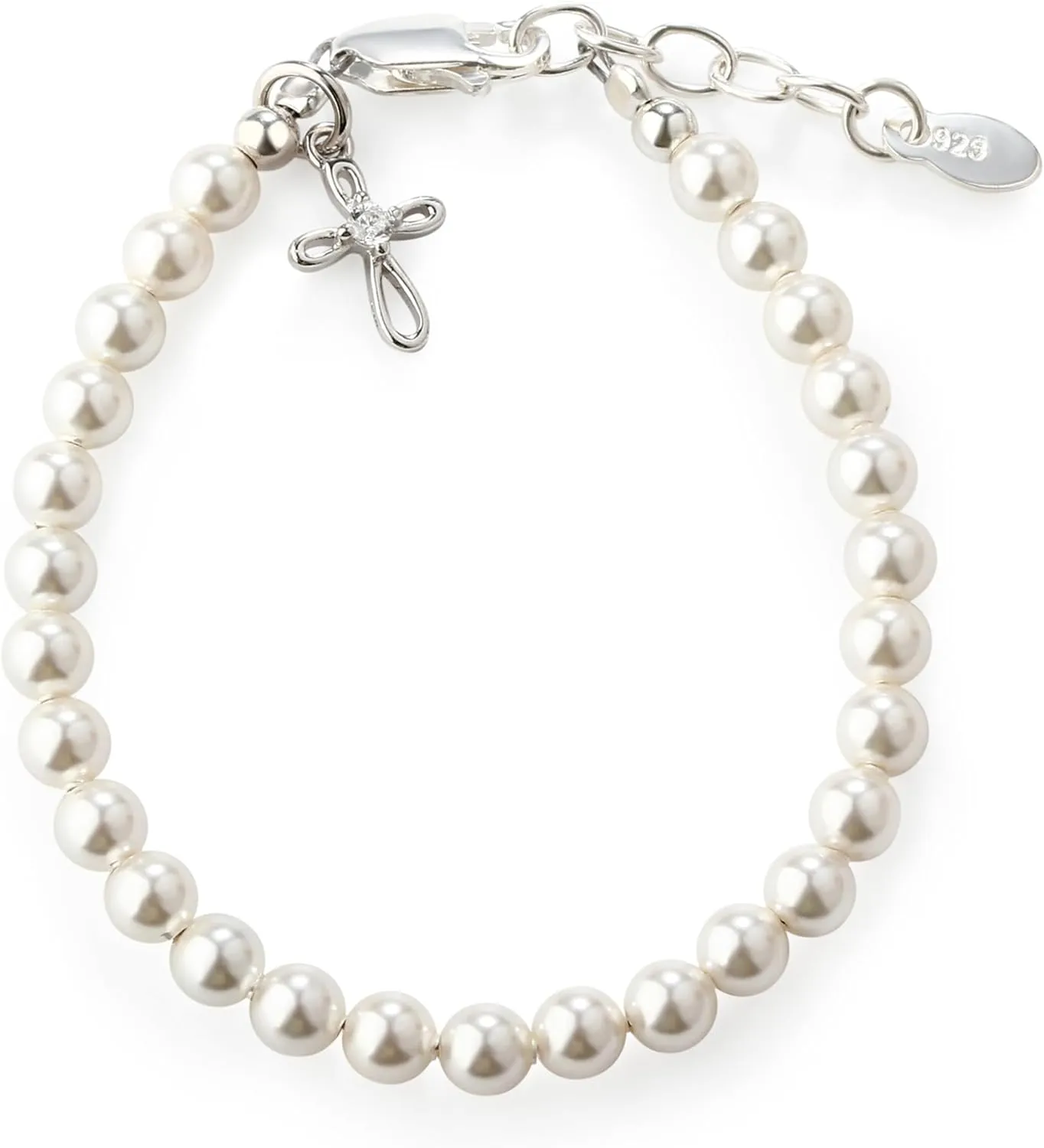 Children's 14K Gold Plated or Sterling Silver Cross Bracelet with Simulated Pearls for Girls First Communion, Baptism, Christening or Dedication Gift