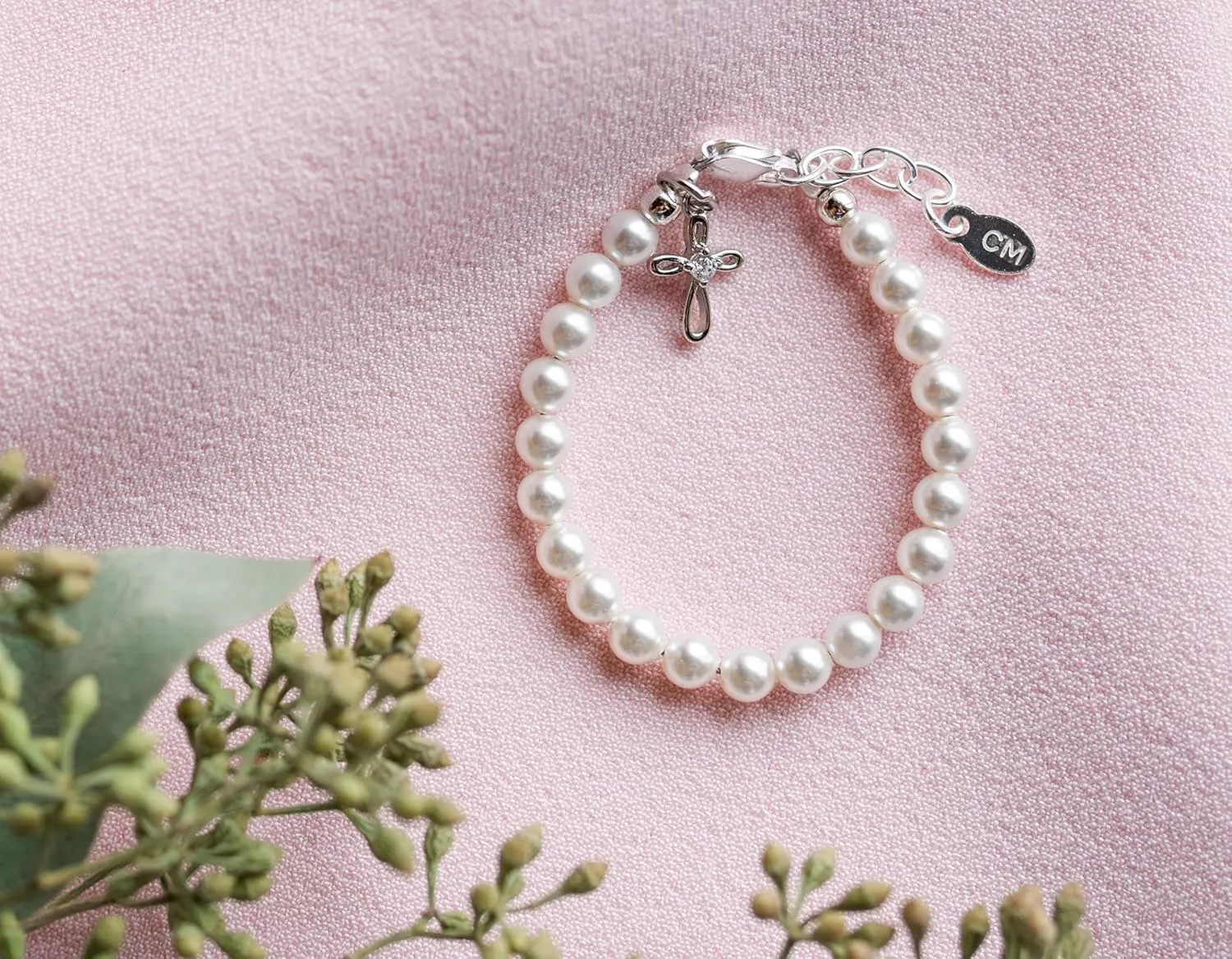 Children's 14K Gold Plated or Sterling Silver Cross Bracelet with Simulated Pearls for Girls First Communion, Baptism, Christening or Dedication Gift
