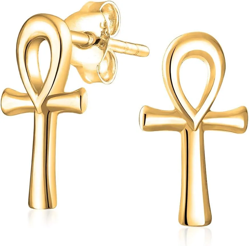 Christian Religious Symbol of Life Egyptian Drop Dangle Lever back Ankh Cross Stud Earrings For Women Teens Polished .925 Sterling Silver