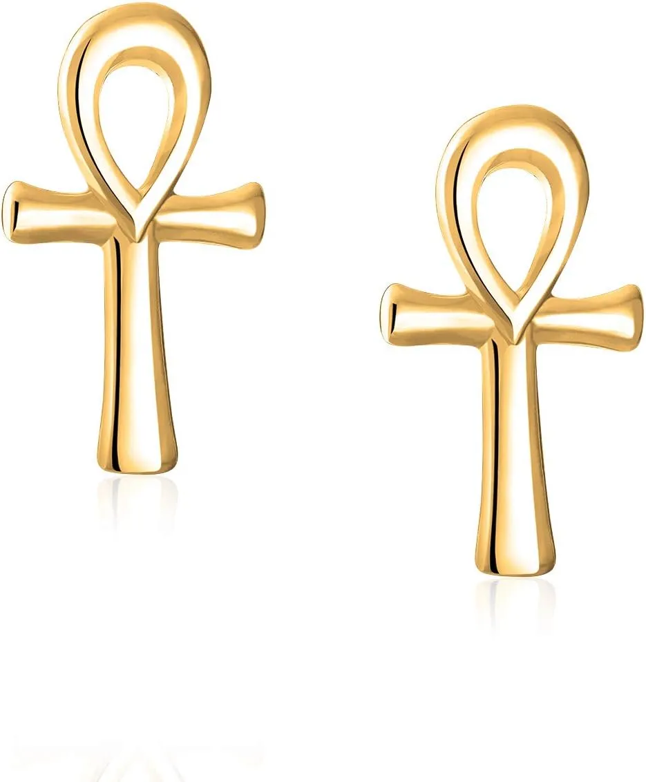 Christian Religious Symbol of Life Egyptian Drop Dangle Lever back Ankh Cross Stud Earrings For Women Teens Polished .925 Sterling Silver
