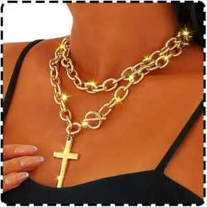 Chunk Layered Necklace Gold Cross Pendant Necklace Cross Faith Chain Necklaces Punk Necklace for Women