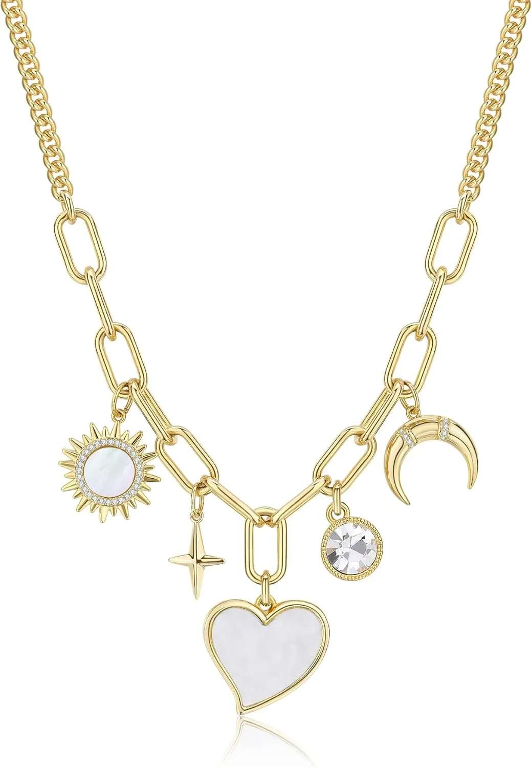 Chunky Charm Necklace, 14k Real Gold Plated Paperclip Chain Handmade Drop Heart Jewelry for Women