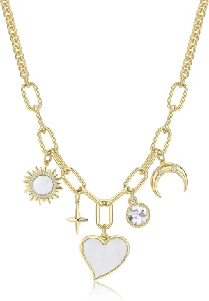Chunky Charm Necklace, 14k Real Gold Plated Paperclip Chain Handmade Drop Heart Jewelry for Women