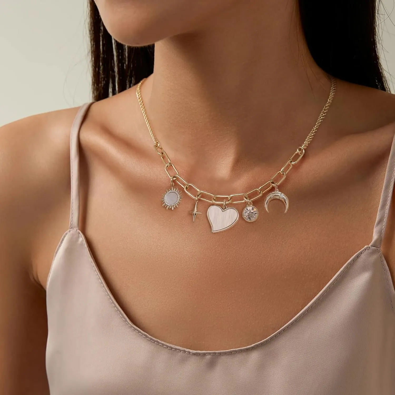 Chunky Charm Necklace, 14k Real Gold Plated Paperclip Chain Handmade Drop Heart Jewelry for Women