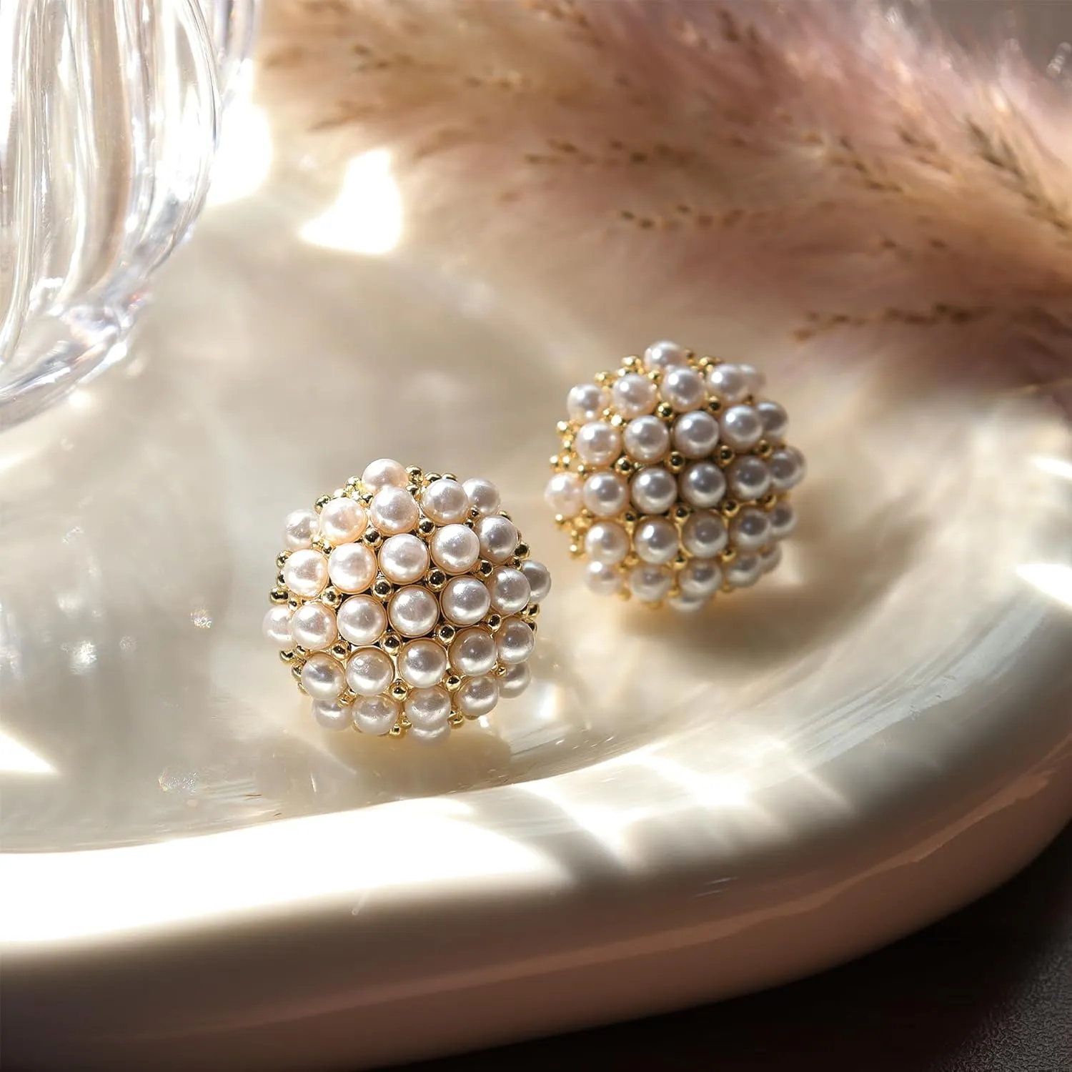 Chunky Gold Life Tree Pearl Stud Earrings for Women, Trendy Statement Prom Jewelry Gift