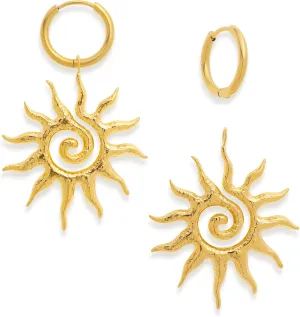 Chunky Gold Sun Leaf Huggie Dangle Earrings for Women, Trendy Lightweight Statement Hypoallergenic Roman Pattern Jewelry Prom Holiday Gift