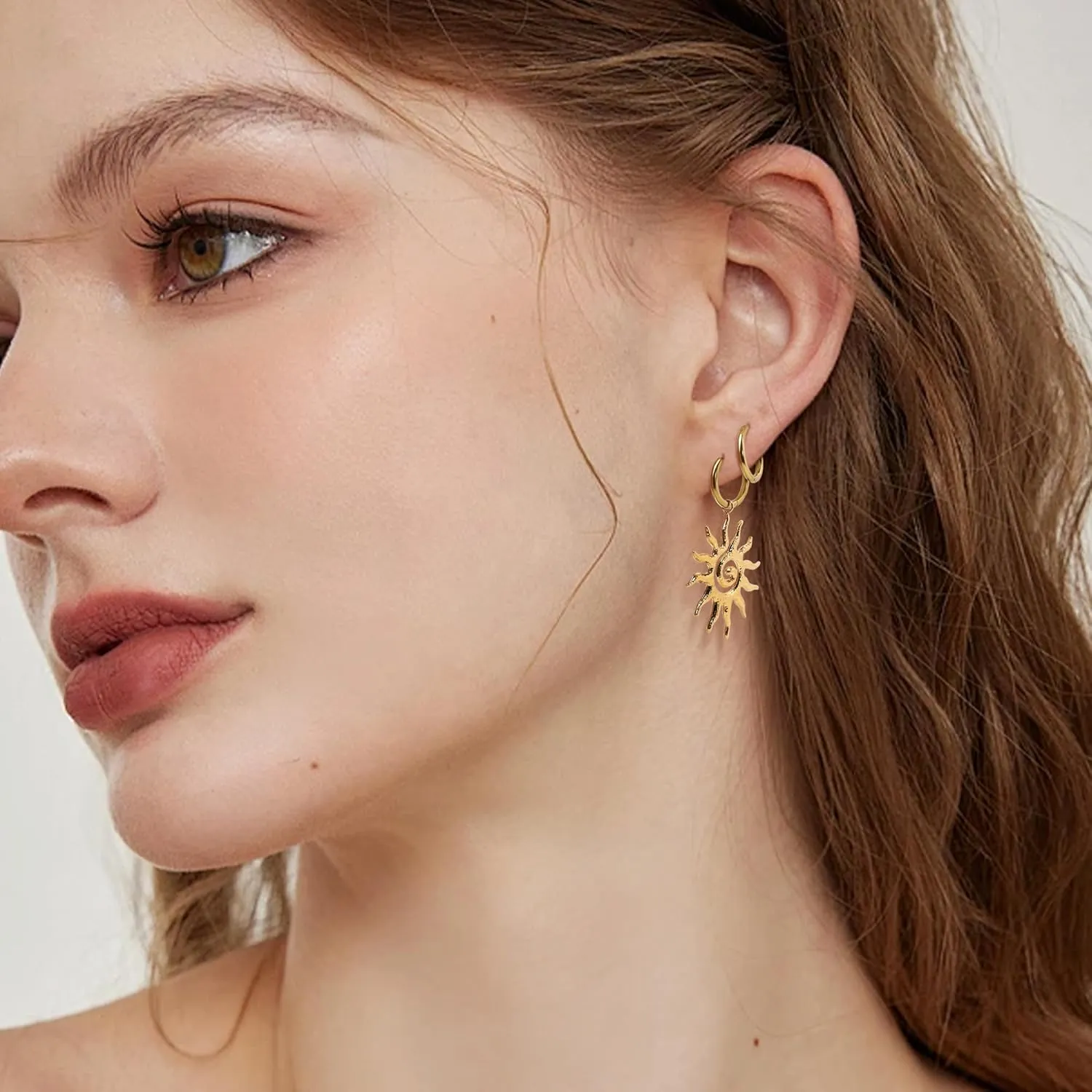 Chunky Gold Sun Leaf Huggie Dangle Earrings for Women, Trendy Lightweight Statement Hypoallergenic Roman Pattern Jewelry Prom Holiday Gift