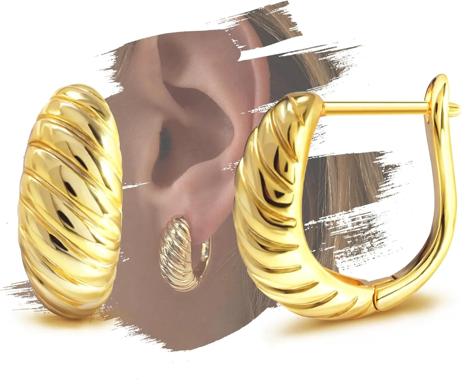 Chunky Twisted Hoop Earrings for Women Gold Plated Croissant Earrings Twist Huggie Hoop Earrings High Polished Lightweight Hypoallergenic Post Earrings Fashion Jewelry Birthday Gifts