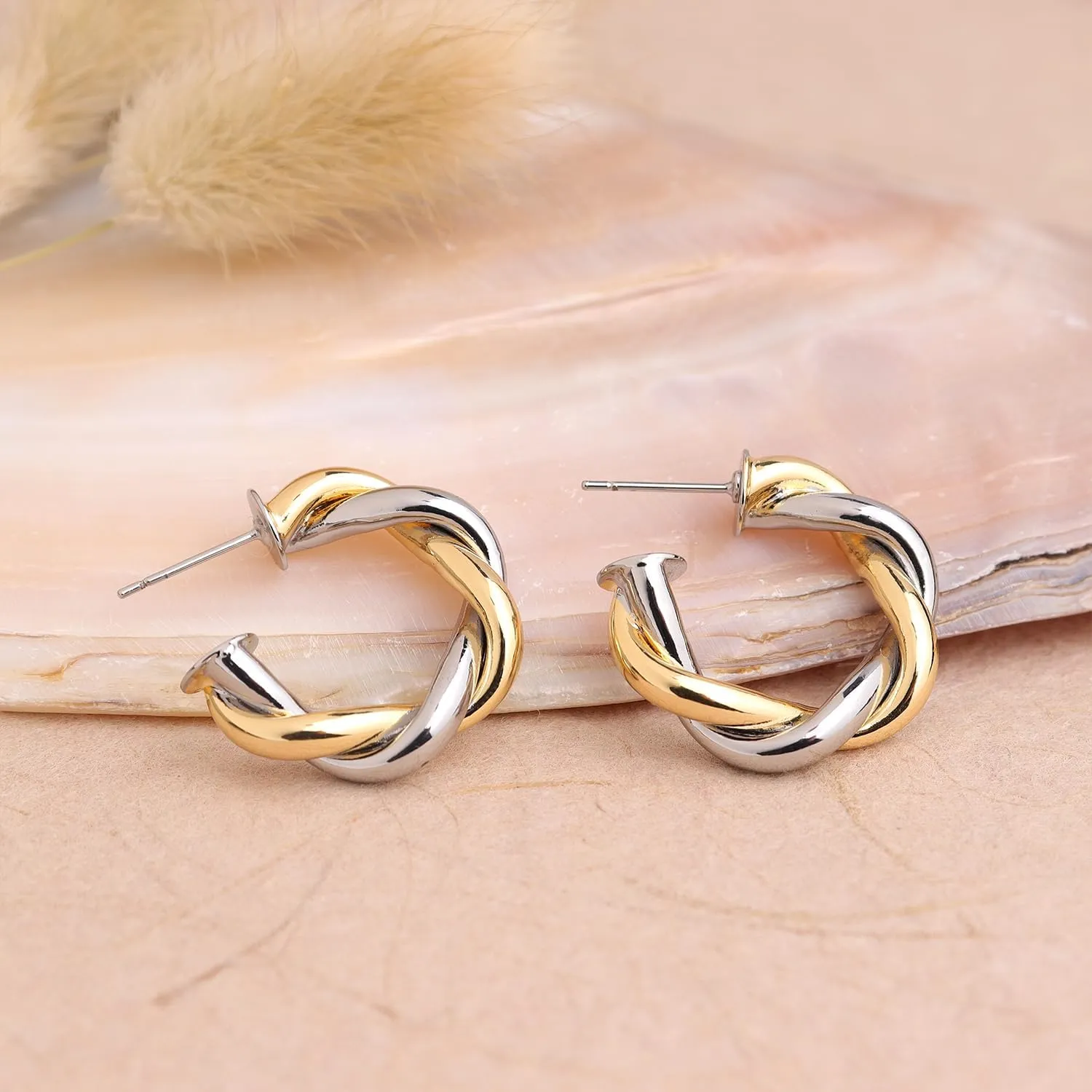 Chunky Two Tone Double Open Star Hoop Earrings for Women, Statement Lightweight Trendy Thick Big Split Twisted Stud Jewelry Prom Holiday Gift