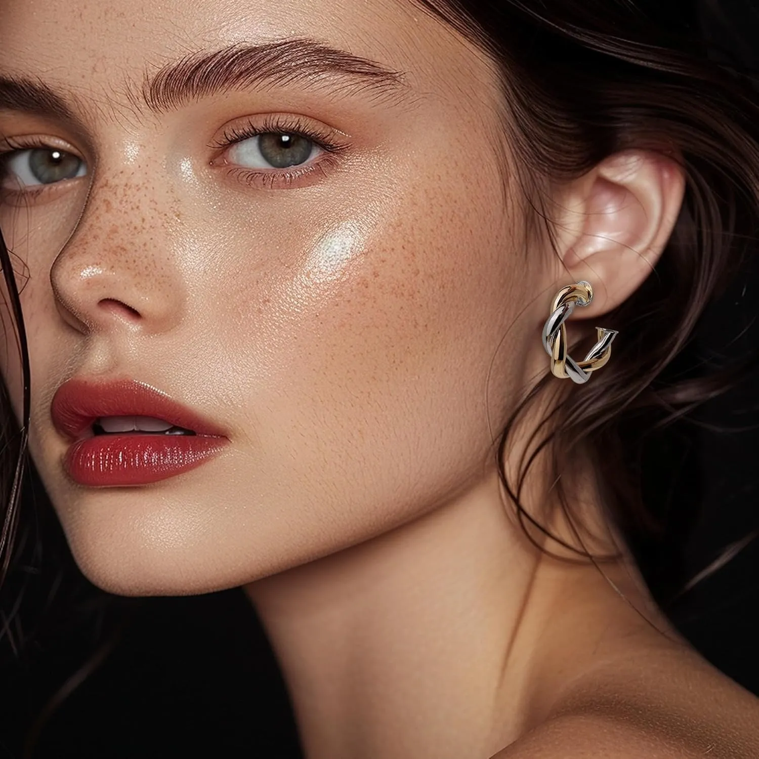 Chunky Two Tone Double Open Star Hoop Earrings for Women, Statement Lightweight Trendy Thick Big Split Twisted Stud Jewelry Prom Holiday Gift