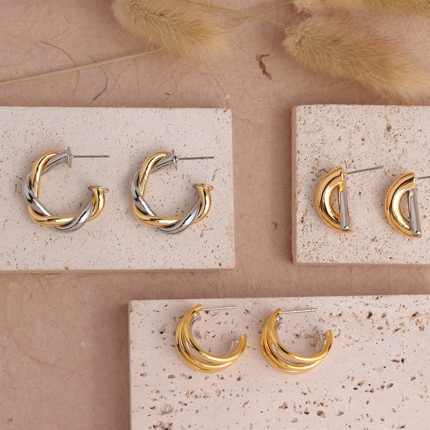 Chunky Two Tone Double Open Star Hoop Earrings for Women, Statement Lightweight Trendy Thick Big Split Twisted Stud Jewelry Prom Holiday Gift