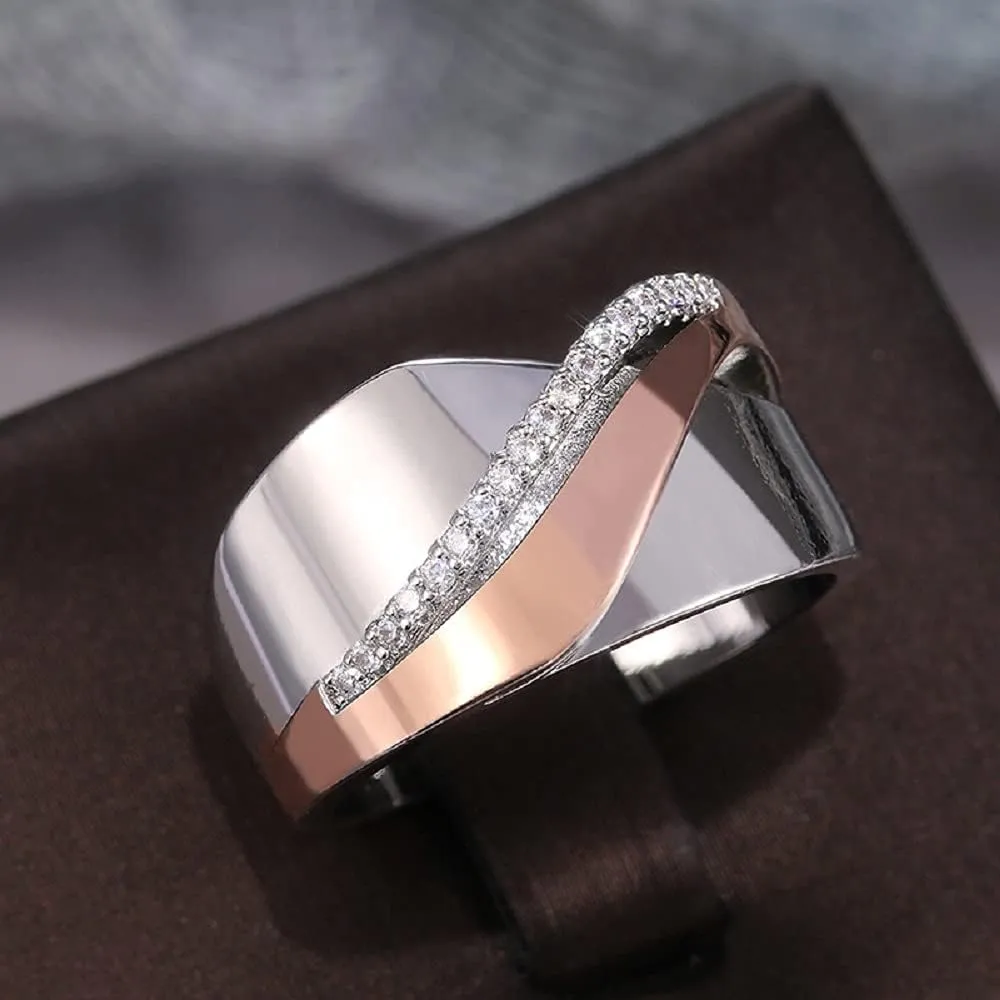 CHWLNJN S925 Sterling Silver Micro-Inlaid Rose Gold Two-Tone Bow Engagement Ring X-Shaped Single Row CZ Diamond Ring True Love Cross Eternal Diamond Wedding Ring Couple Ring (10)