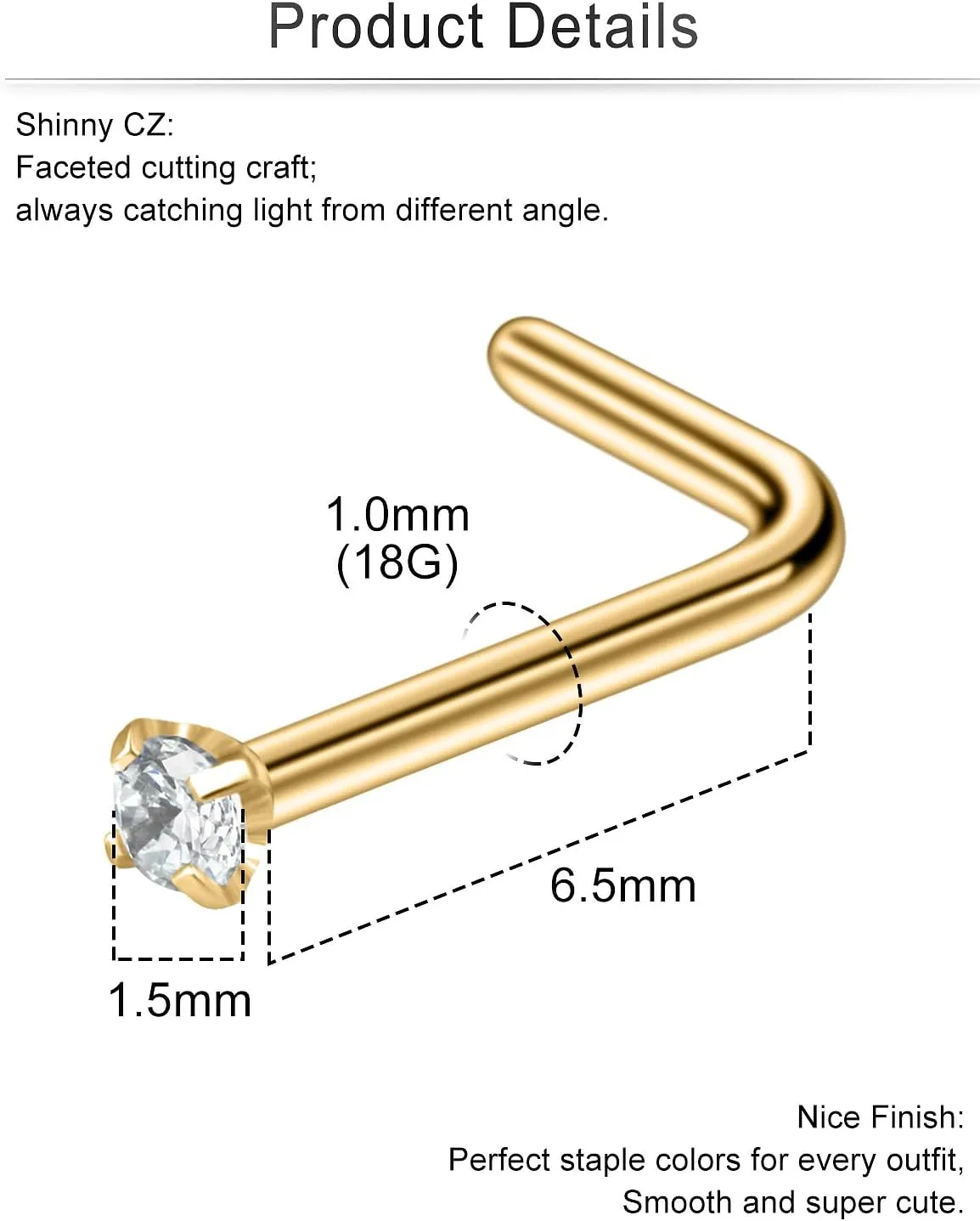 Cisyozi 18G Nose Rings Studs Hypoallergenic Nose Piercings 316L Surgical Steel Silver Nose Rings Set L Shaped Nose Nostril Piercing Jewelry for Women Men Diamond CZ 1.5mm 2mm 2.5mm 3mm 3.5mm 4mm