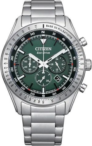 Citizen Men's Eco-Drive Weekender Sport Casual, Silver-Tone Stainless Steel Bracelet Watch, Chronograph, Green Dial (Model: CA4600-89X)