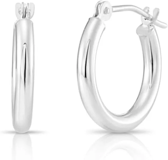 Classic 10K White Gold Hoop Earrings - Shiny Polished Plain Round Gold Hoops for Women and Men