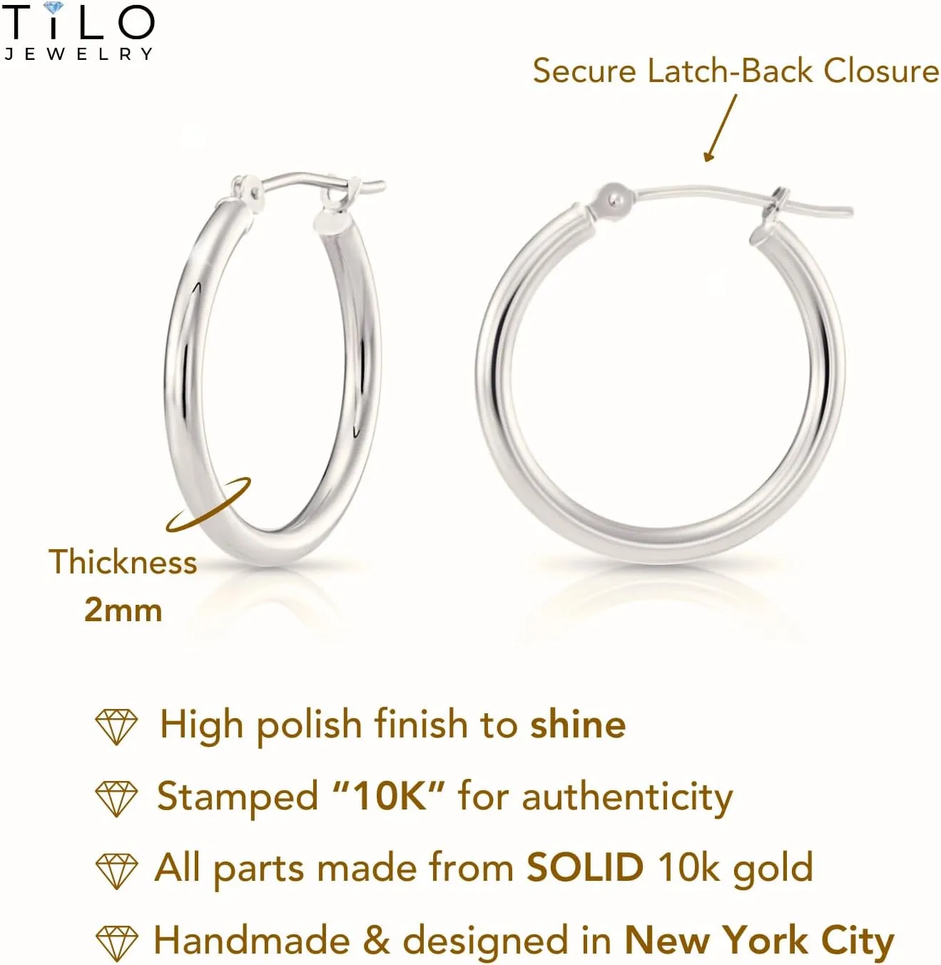 Classic 10K White Gold Hoop Earrings - Shiny Polished Plain Round Gold Hoops for Women and Men