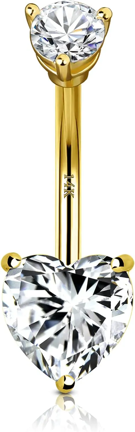 CM Crareesi Mania 14K Solid Gold Belly Rings Heart Cubic Zirconia Belly Button Piercing Rings 14G Yellow Gold Navel Piercing Jewellery Prong Set Navel Rings