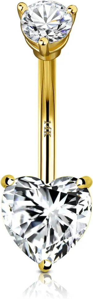CM Crareesi Mania 14K Solid Gold Belly Rings Heart Cubic Zirconia Belly Button Piercing Rings 14G Yellow Gold Navel Piercing Jewellery Prong Set Navel Rings