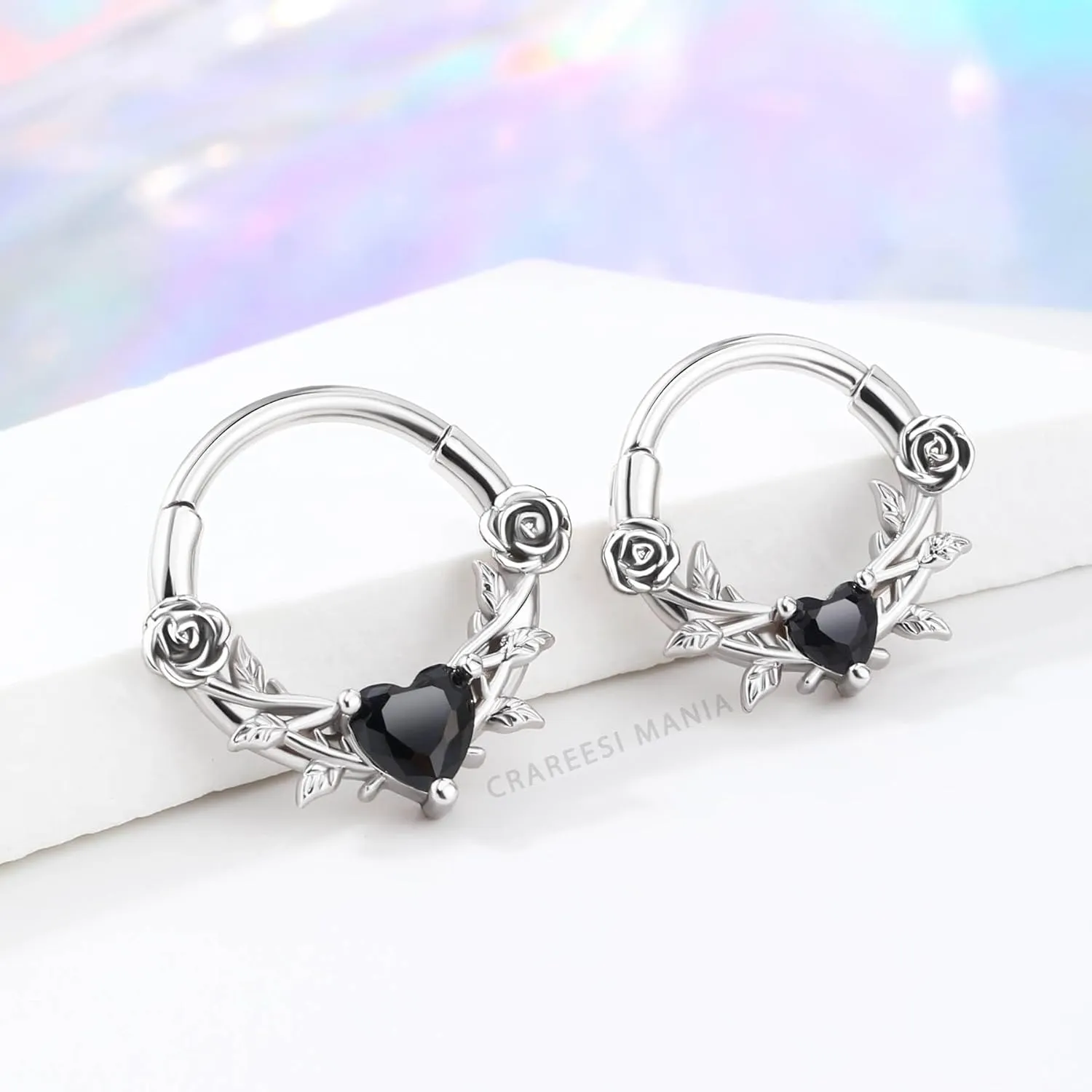 CM Crareesi Mania Rose Septum Rings 16G Septum Piercing Jewelry 316L Stainless Steel Daith Earrings Heart CZ Helix Cartilage Conch Piercing Jewelry for Women