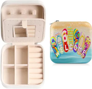 Colorful Beach Slippers Pattern Travel Jewelry Case Organizer, Jewelry Boxes with Mirror, PU Leather Jewelry Storage Holder for Rings Earrings Pendants Necklaces, Gifts for Girls Women