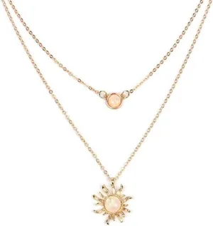 COLORFUL BLING 2 Layer Double Chains Moon and Sun Layered Choker Necklace Sunflower Opal Pendant Necklace Gift for Women Girls