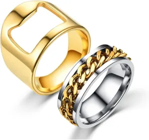 COLORFUL BLING 2pcs Stainless Steel Bottle Opener Rings Set Spinner Chain Thumb Beer Bar Opening Ring for Men Women Creative Party Jewelry