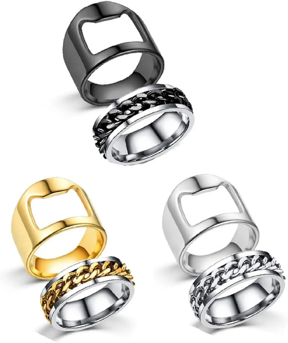 COLORFUL BLING 2pcs Stainless Steel Bottle Opener Rings Set Spinner Chain Thumb Beer Bar Opening Ring for Men Women Creative Party Jewelry