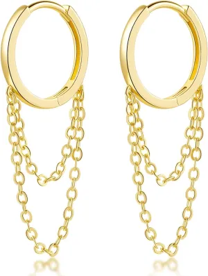 Cossa Gold Chain Earrings for Women 14K Gold Earrings with Chains Drop Earring Minimalist Dangle Chain Earring Well Polished Huggie Hoop Earring 13mm and 19mm