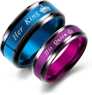 Couple Rings Blue Her King Crown Stainless Steel Promise Rings Wedding Engagement Band (His Size 8)