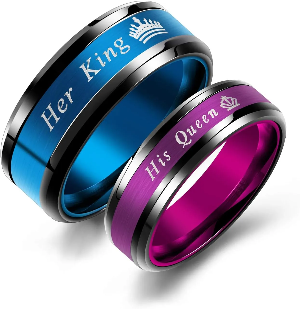 Couple Rings Blue Her King Crown Stainless Steel Promise Rings Wedding Engagement Band (His Size 8)