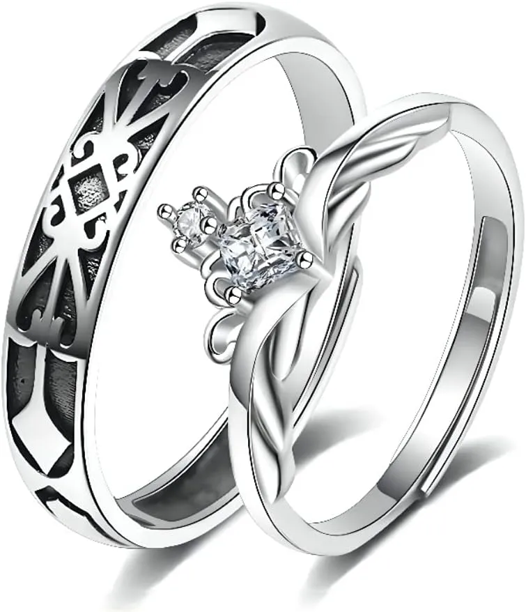 Couples Matching Promise Rings for Women, Men, Her, Him, Best Friend - Set of 2 Adjustable Engagement Wedding Rings, Gift Wrap