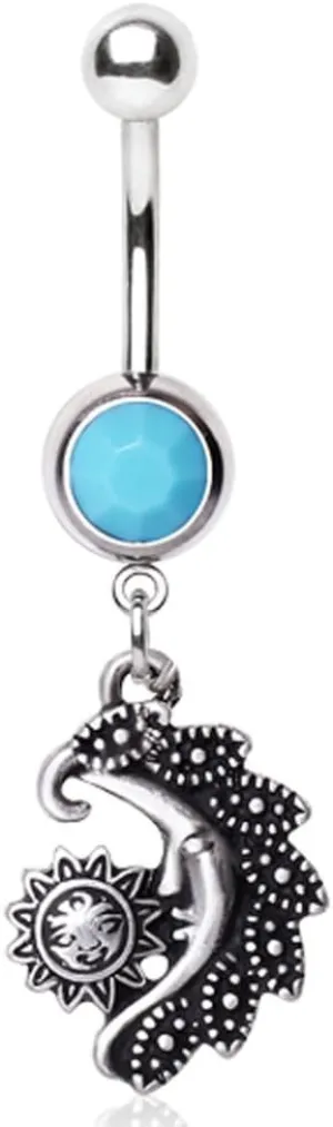Covet Jewelry 316L Elegant Sun and Moon Navel Ring with Turquoise
