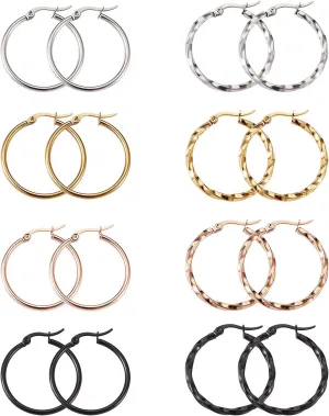 Craftdady 8 Pairs Stainless Steel Round Hoop Earrings 4 Colors Polished Twisted Circle Ring Earring Findings 30-34mm for Women Jewelry Making