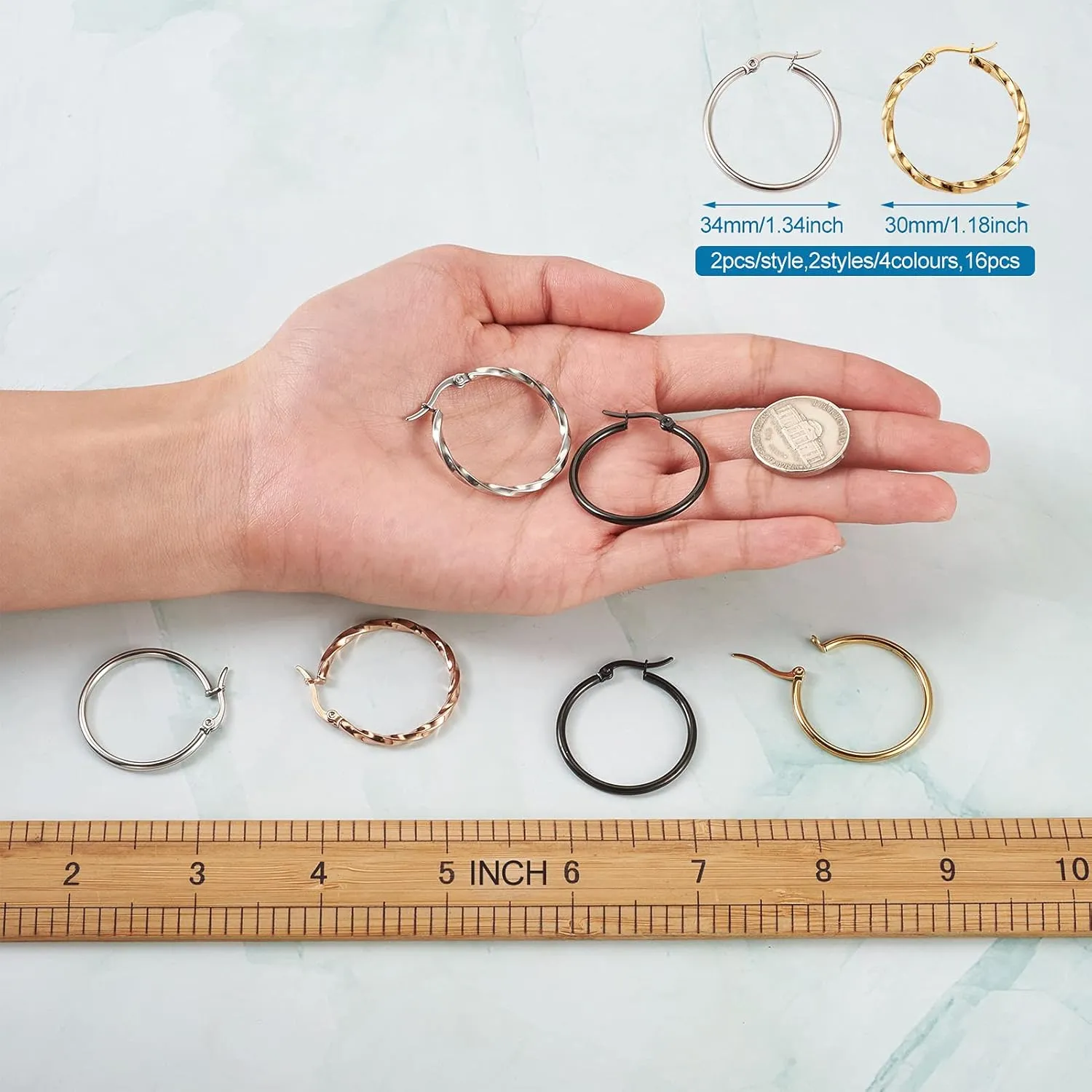 Craftdady 8 Pairs Stainless Steel Round Hoop Earrings 4 Colors Polished Twisted Circle Ring Earring Findings 30-34mm for Women Jewelry Making