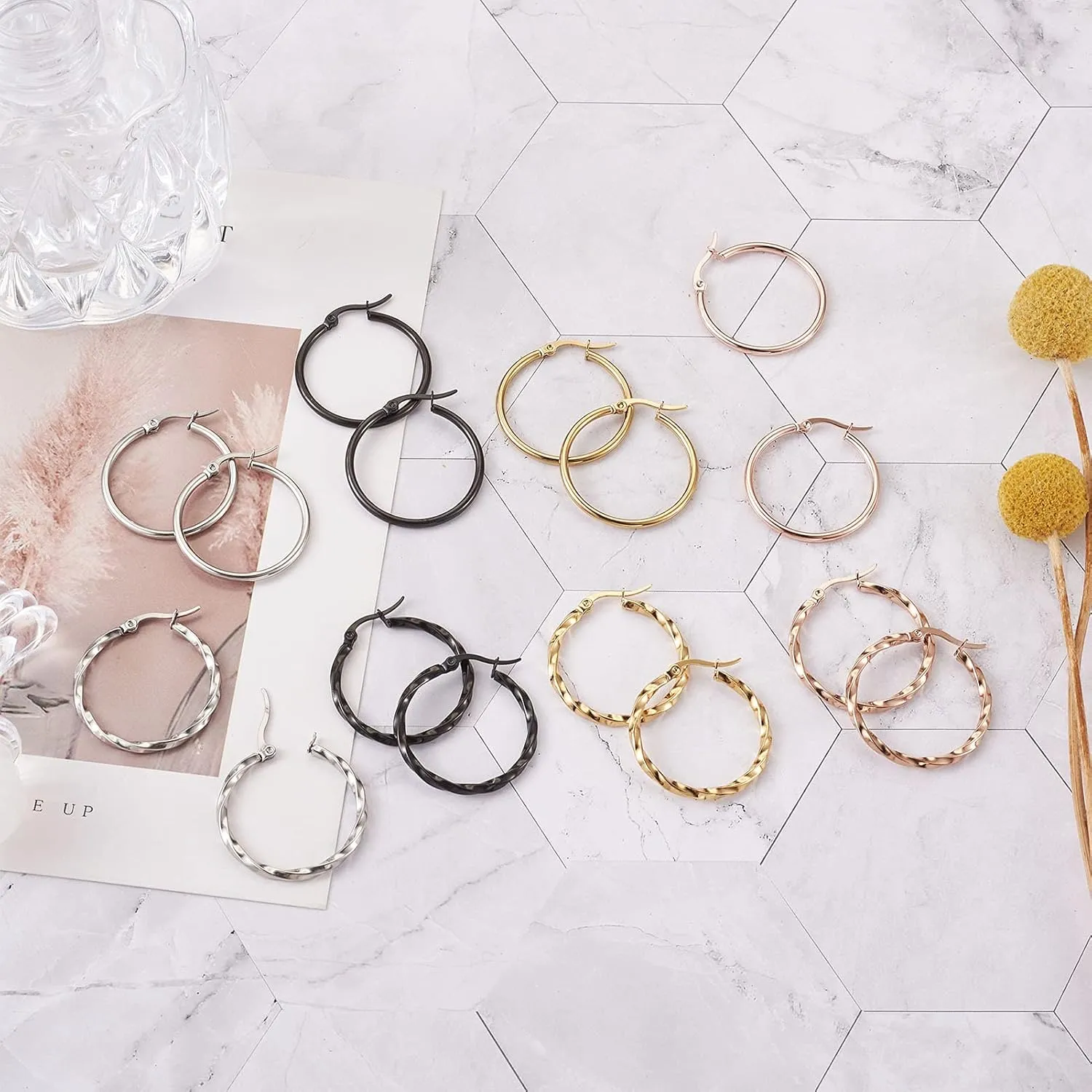 Craftdady 8 Pairs Stainless Steel Round Hoop Earrings 4 Colors Polished Twisted Circle Ring Earring Findings 30-34mm for Women Jewelry Making